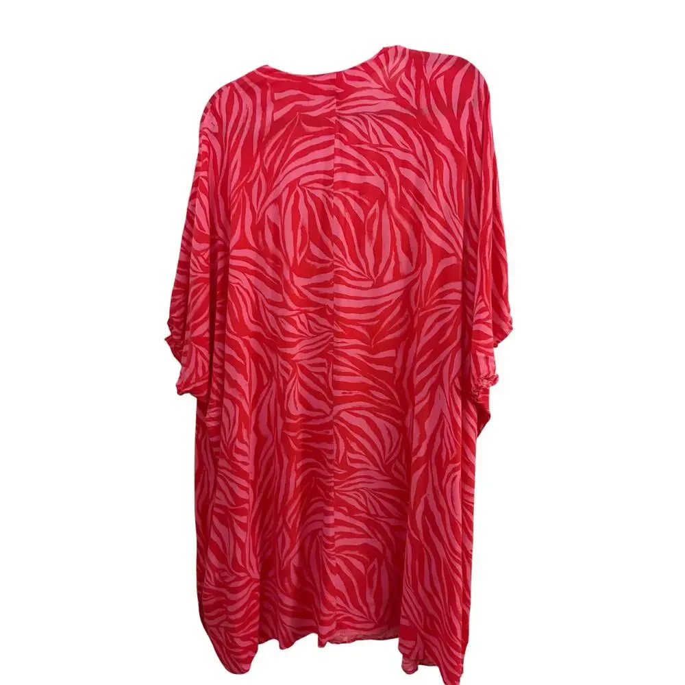 H&M Striped Beach Cover Up Red & Pink V-neck Boho Kaftan M/L 100% Viscose Resort